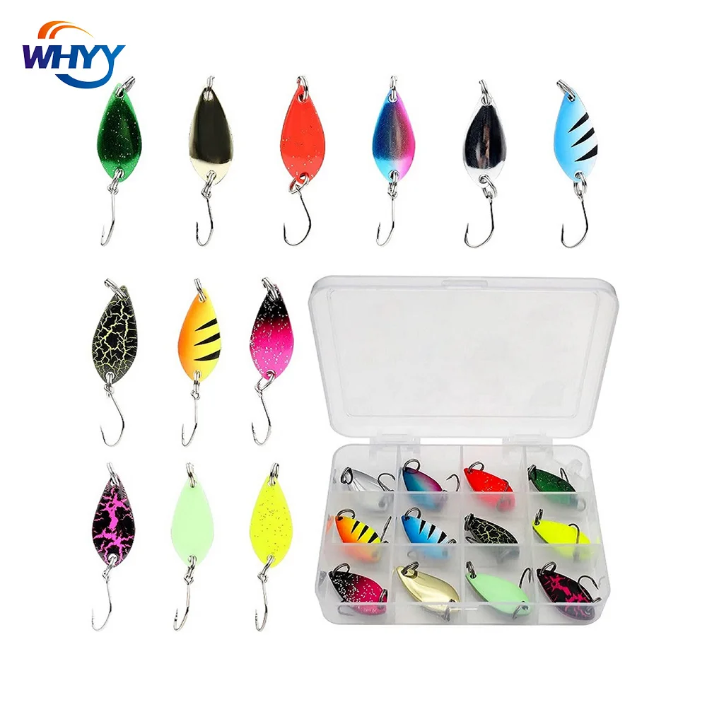 

WHYY 12 шт. стандартная рыболовная приманка, набор приманок для ловли форели 3g с ложкой и коробкой, приманки для ловли окуня, джиггинга, рыболовные снасти