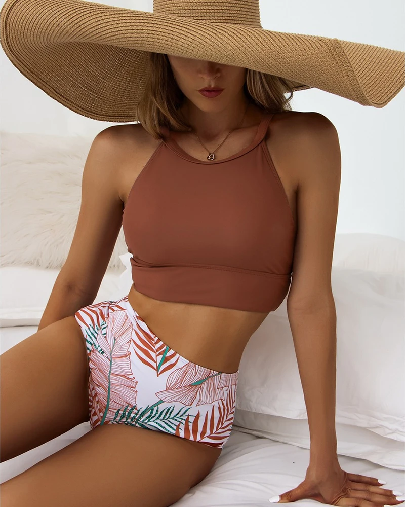 

Sexy High Waist Bikini Set Halter Bathing Suit Woman Swimsuit Female Biquini 2022 Floral Print Two Piece Swimwear Women New