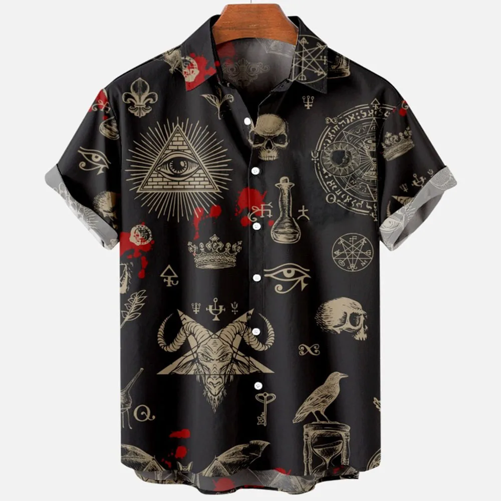 

Summer Retro New Devil Print Men's Shirts Button Short-sleeved Shirts for Men Fashion Trend Men's Clothing Streetwear Blouse