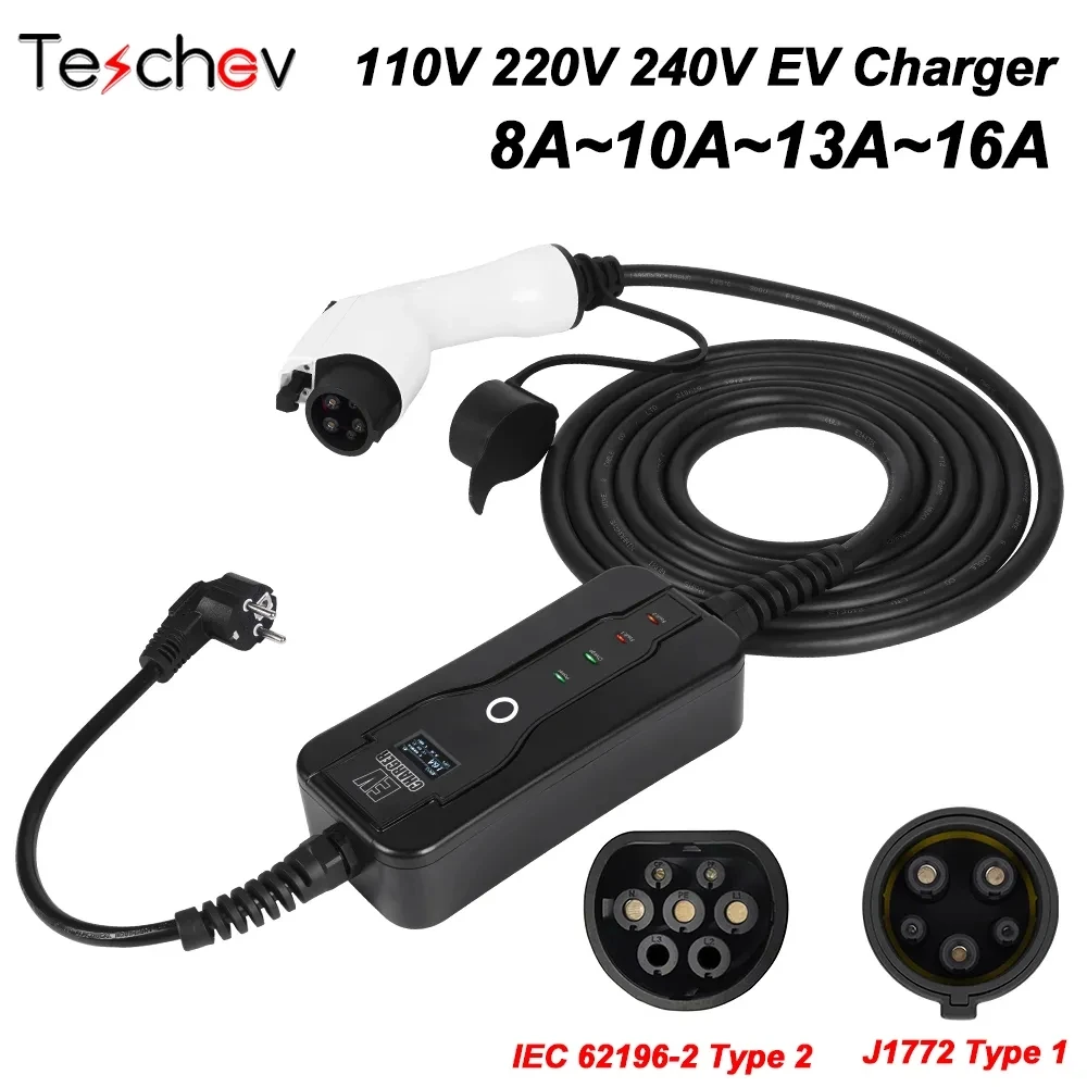 

220V Car Portable EV Charger Electric Vehicle Type 1 Plug 16A 5m SAE J1772 Level 2 EVSE Controller Charging Stations For Leaf