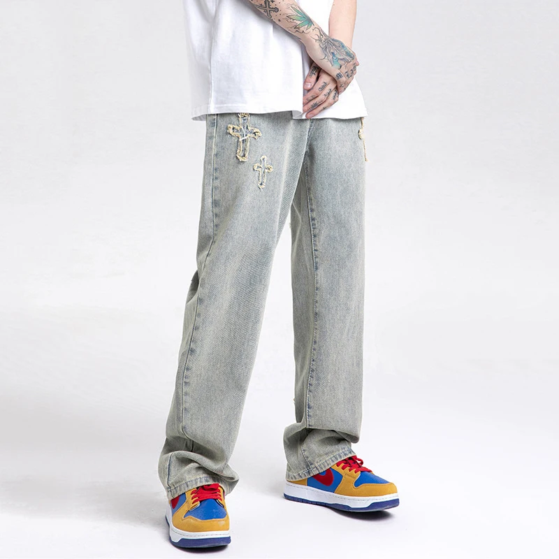 

Leisure High Street Cross Tassel Style Retro Washed Jeans Men's Embroidered Hip Hop Straight Tube Denim Pants Clothing