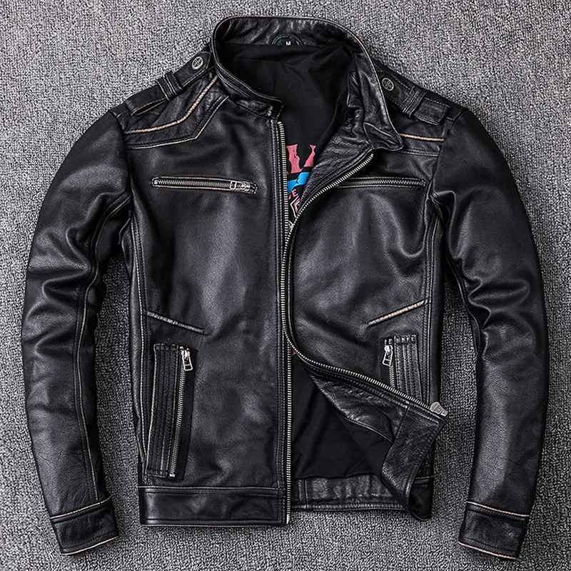 

DHL Free Shipping Men's Genuine Cow Leather Jacket Large Size Vintage Motorcycle Jacket Male Natural Calf Skin Brand Biker Coat