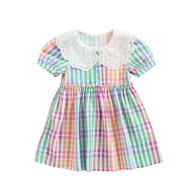 

2-7Y Children Kids Baby Girls Summer Sweet Dress Short Sleeve Doll Collar Rainbow Plaid Printed A-Line Dress for Girls