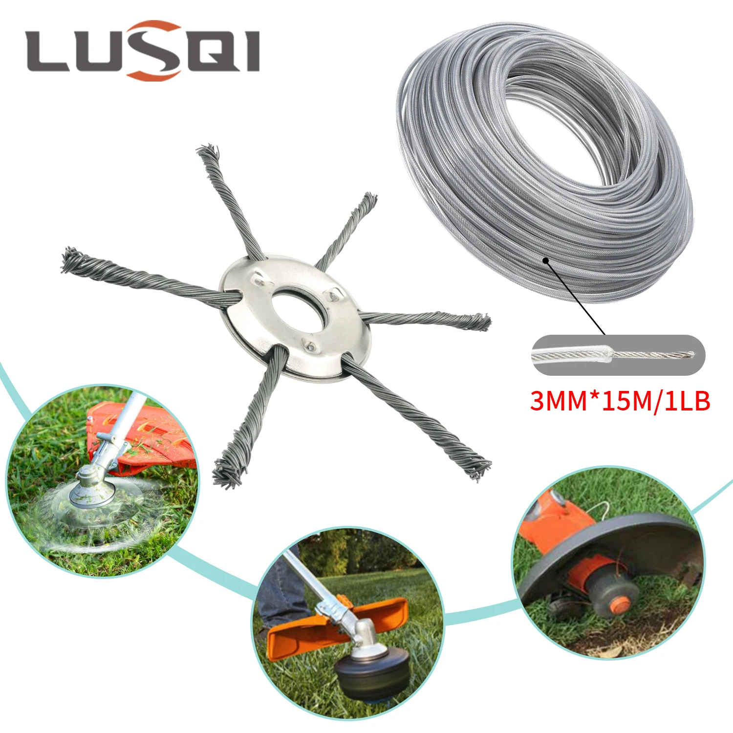 LUSQI Steel Wire Grass Trimmer Head+3mm*15m/1LB Steel Wire Nylon Grass Trimmer Line Gasoline Brush Cutter Lawn Mower Replacement