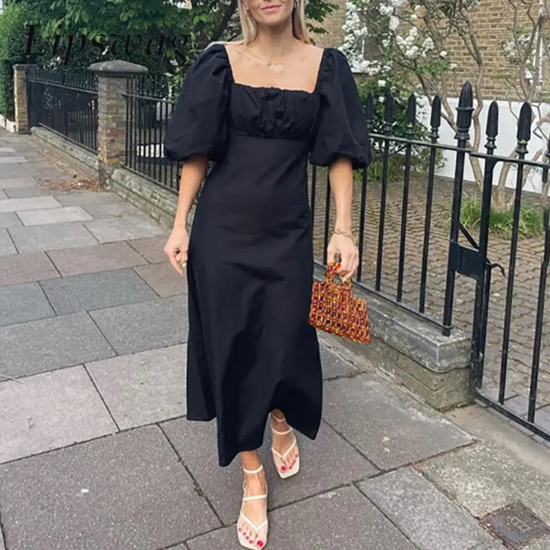 

Платье женское длинное с квадратным вырезом, элегантное модное повседневное базовое однотонное платье с открытой спиной, с буффами на рукавах, во французском стиле