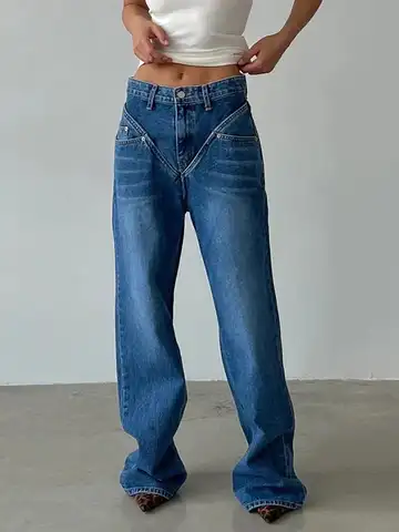 Women's Jeans Full Length Vintage Solid Color Washed Denim Pants Cowboy Denim Trouser Straight Leg Pants Streetwear Harajuku