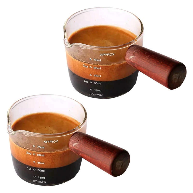 

2X Glass Measuring Cup Espresso Shot Glass 75ML Triple Pitcher Barista Single Spouts With Wood Handle