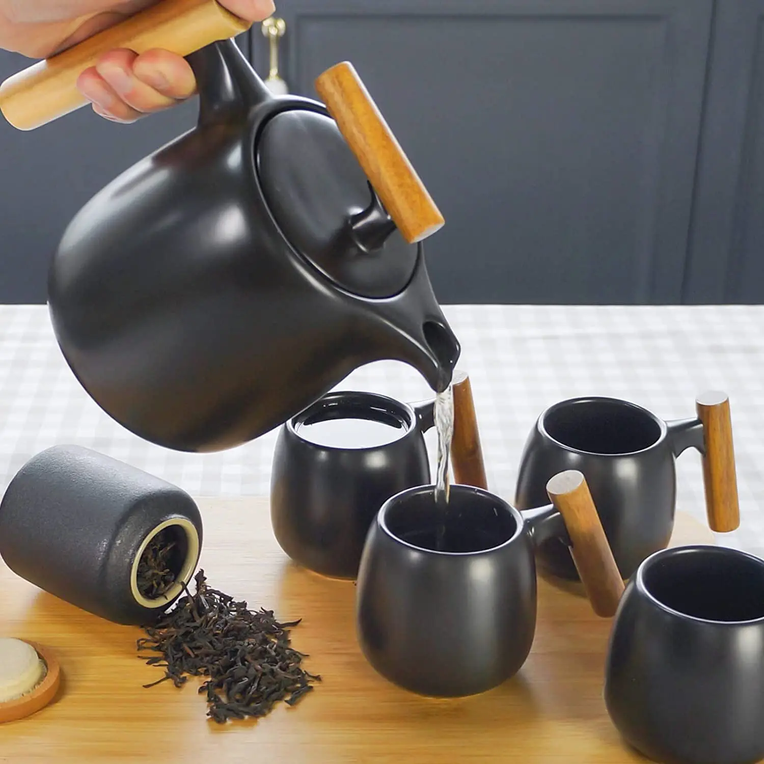 SENSEMAKE Wooden Teapot, Porcelain Tea Pot with Stainless St