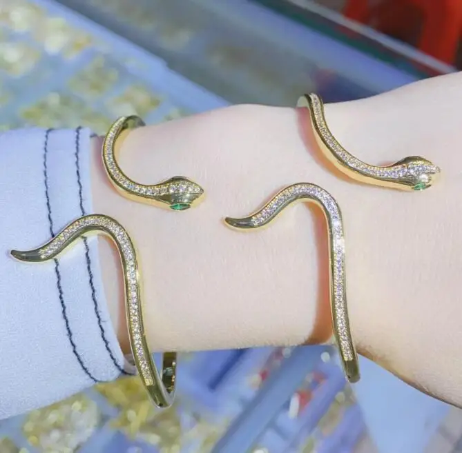 

1pcs Gold Color Copper Metal Zircon CZ Cubic Zirconia Animal Snake Bangles Cuff Bracelets For Women Jewelry Gifts
