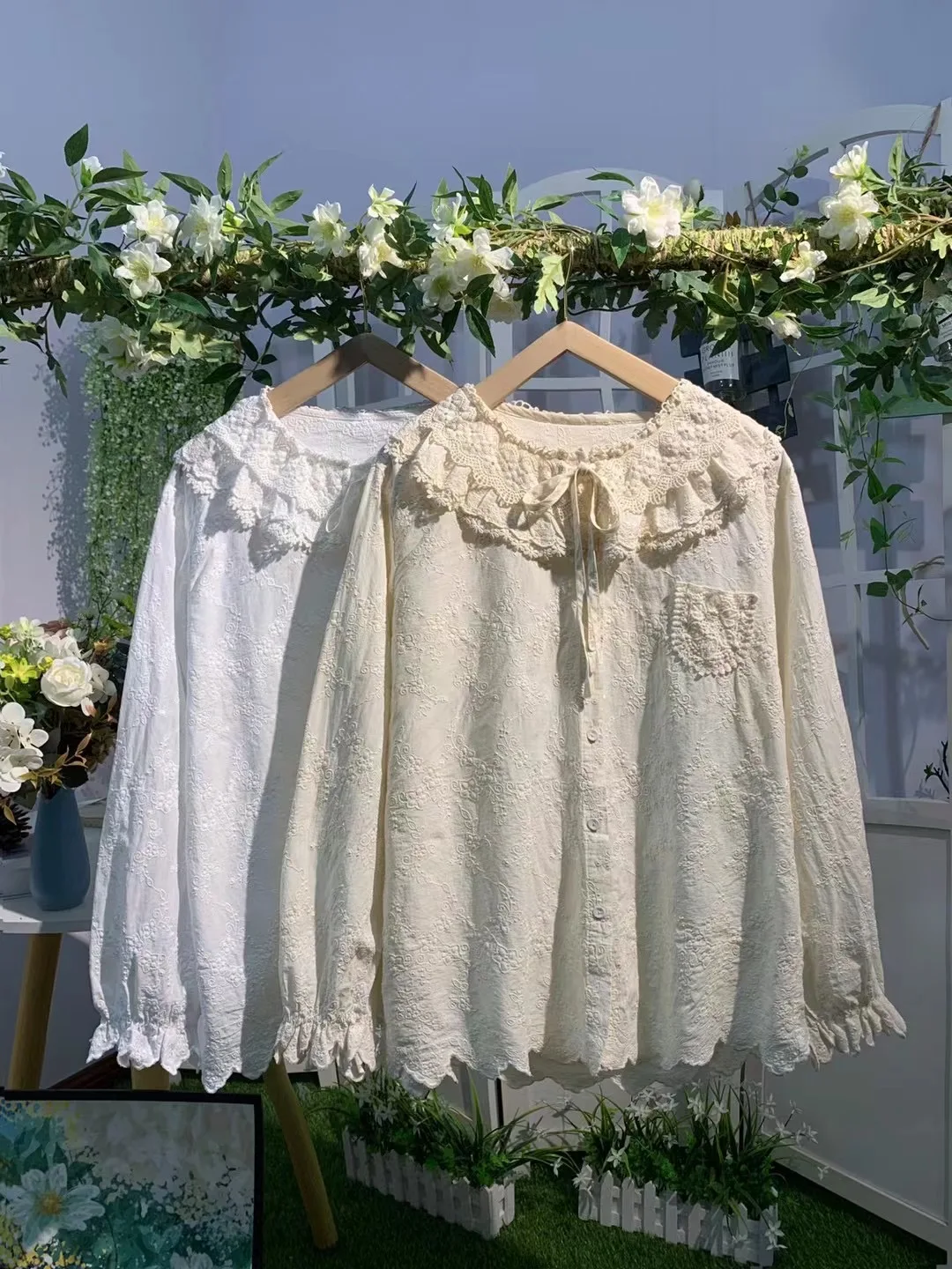 

Spring Japanese Sweet Embroidered Shirt Cotton Loose All-match Age-reducing Lace Up Ruffled Collar Single Breasted Tops