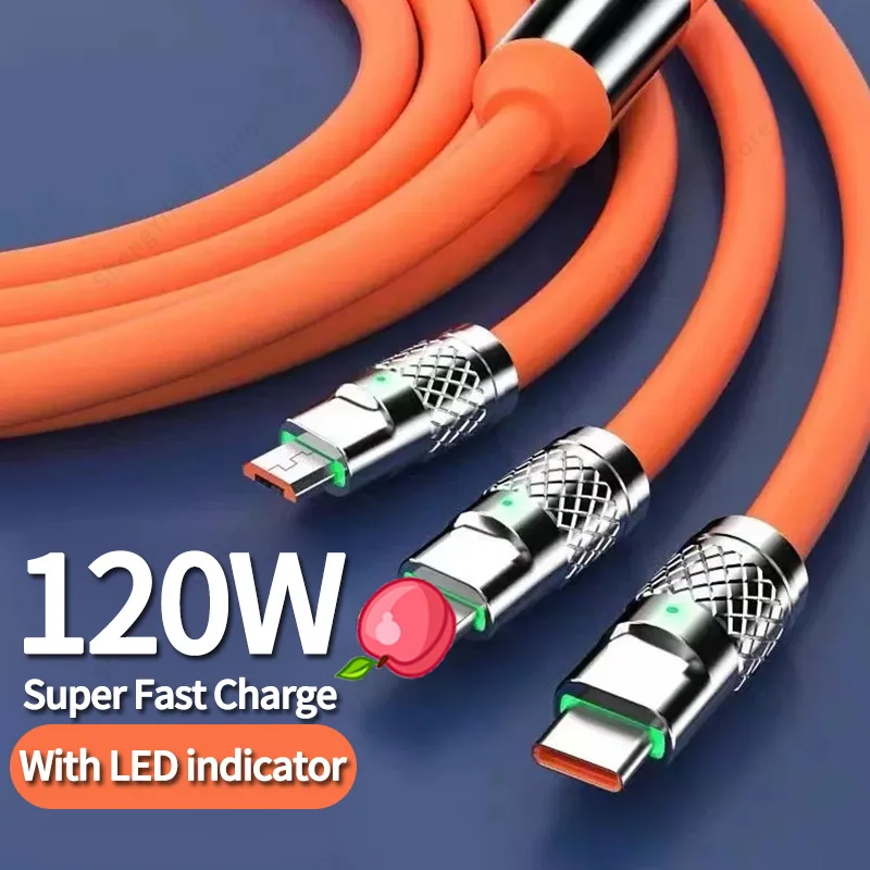 

3 In 1 6A Fast Charging Cord Micro USB Type-c Android Mobile Phone Charger Cable Silicone With Light For iPhone Xiaomi Samsung