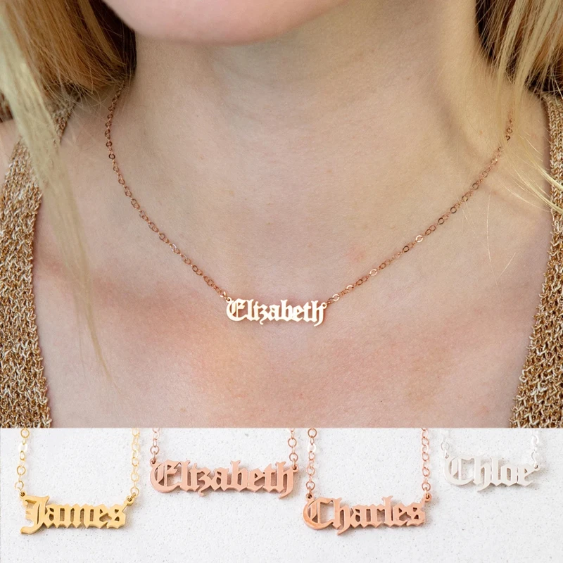 

Old English Style Name Necklace Personalized Name Necklace Gothic Jewelry Silver Rose Gold Custom Nameplate Choker BFF Gifts