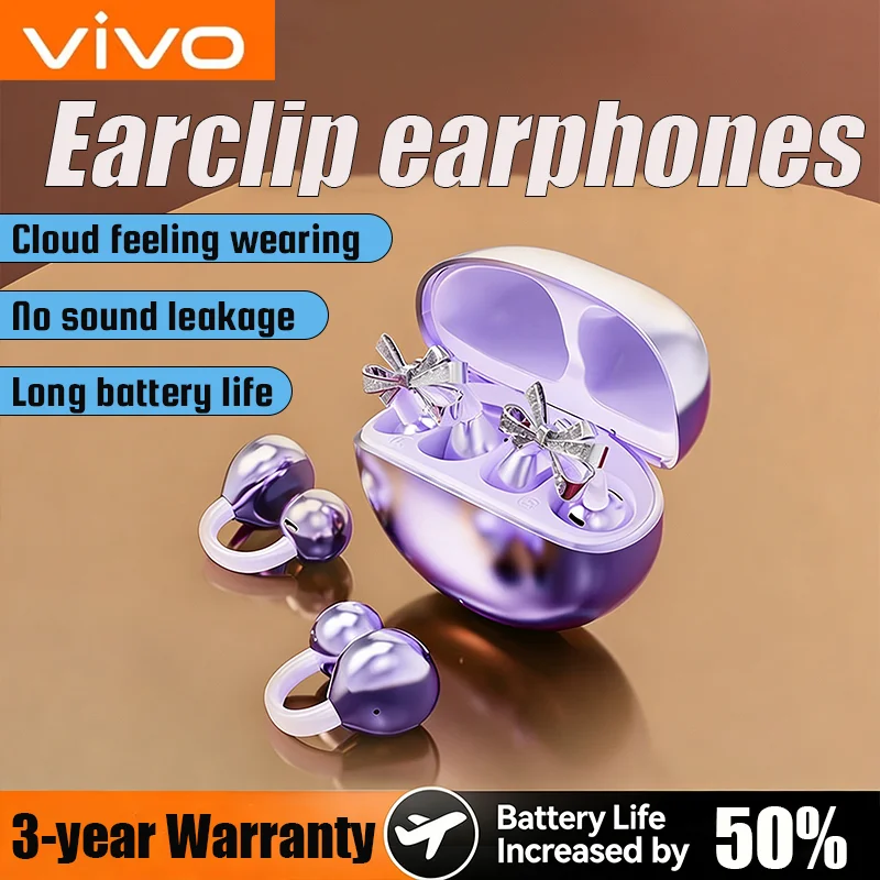 Фото Беспроводные Bluetooth-наушники Vivo 2026 с креплением на ухо и съемными серьгами-бантиками из кристаллов для спорта и фитнеса. №1