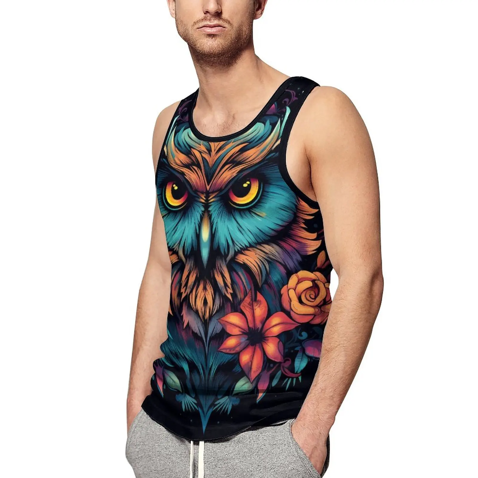 

Owl Tank Top Male Vintage Style Illustration Cool Tops Summer Training Pattern Sleeveless Shirts Plus Size 4XL 5XL