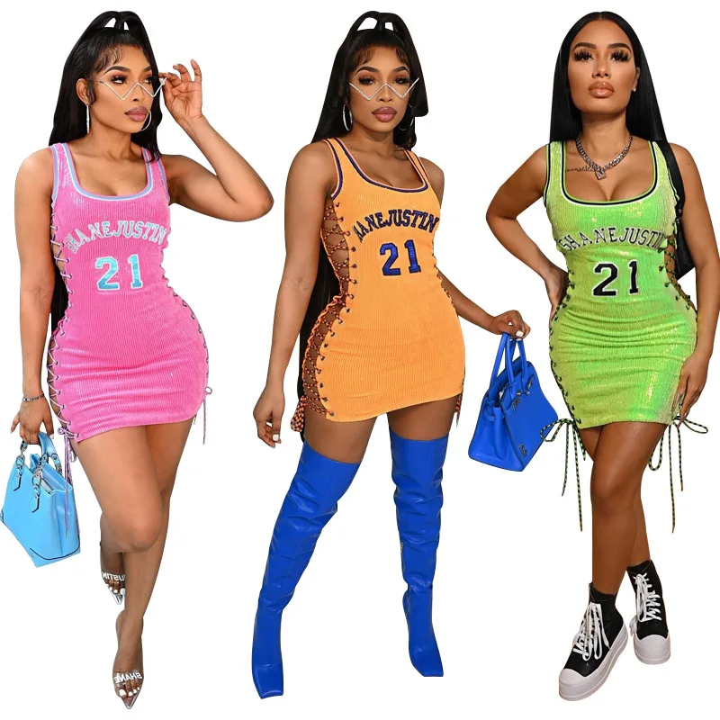 

Women's Spring and Autumn New Hot Sale Street Personality Number Alphabet Sequin Embroidered Strap Sexy Tight Hip Dress