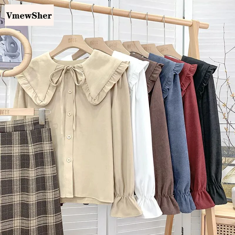 

VmewSher New Spring Women Shirt Corduroy Peter Pan Collar Bow Preppy Style Long Sleeve Cute Blouse Autumn Casual Ruffle Tops