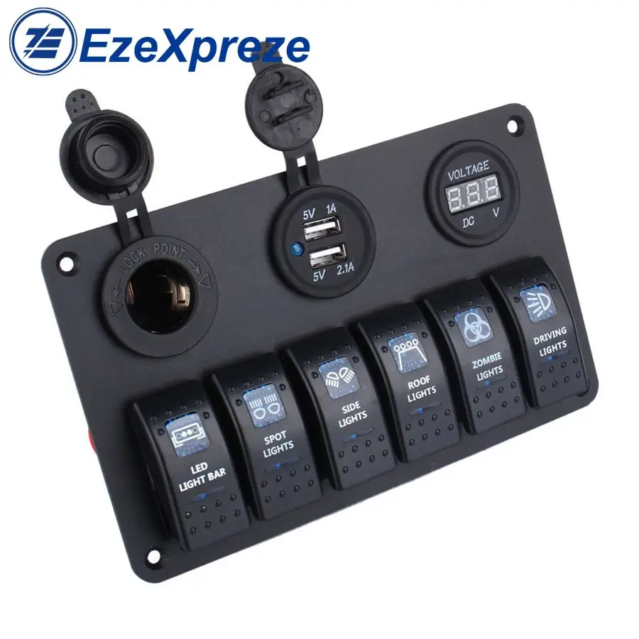 

6 GANG WATERPROOF CAR MARINE BOAT CIRCUIT BLUE LED ROCKER SWITCH PANEL BREAKER with Fuse Dual USB Slot Socket Accessories