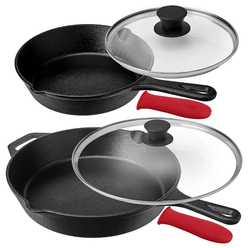 

MegaChef Pre-Seasoned 6 Piece Cast Iron Skillet Set with Lids and Red Silicone Holderscookware pots and pans set