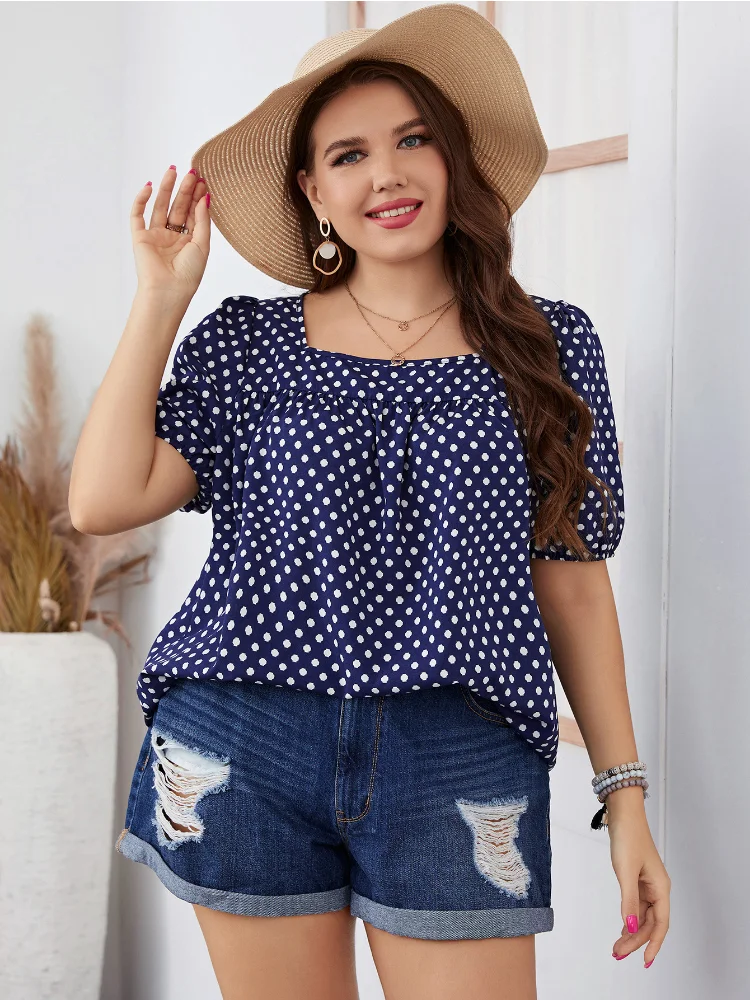 Chiffon Short Woven Round Neck Plaid Style Commuter Pullover Polka Dot Plus Size Women's Shirt