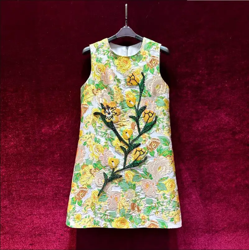 European and American women's dress 2023 summer new style Crew neck sleeveless heavy sequins Yellow floral jacquard dress