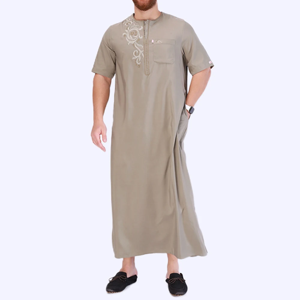 New Summer Arab Ethnic Dress Men Loose Embroidery Short Sleeve Top Worship Muslim Dubai Robe Middle East Islamic Prayer Clothing