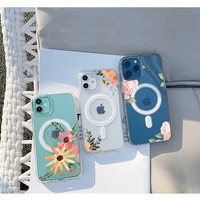 flowers phone case for iphone 13 12 11 mini pro max transparent super magnetic magsafe cover