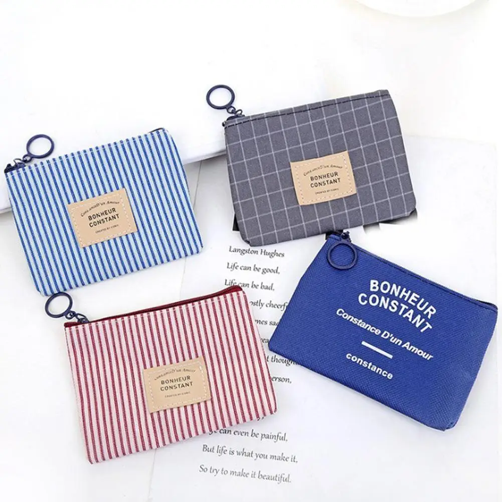 Unisex Canvas Stripe Coin Bag Purse Women Coin Money Card Holder Wallet Case Zipper Key Storage Pouch For Kid Girl Gift