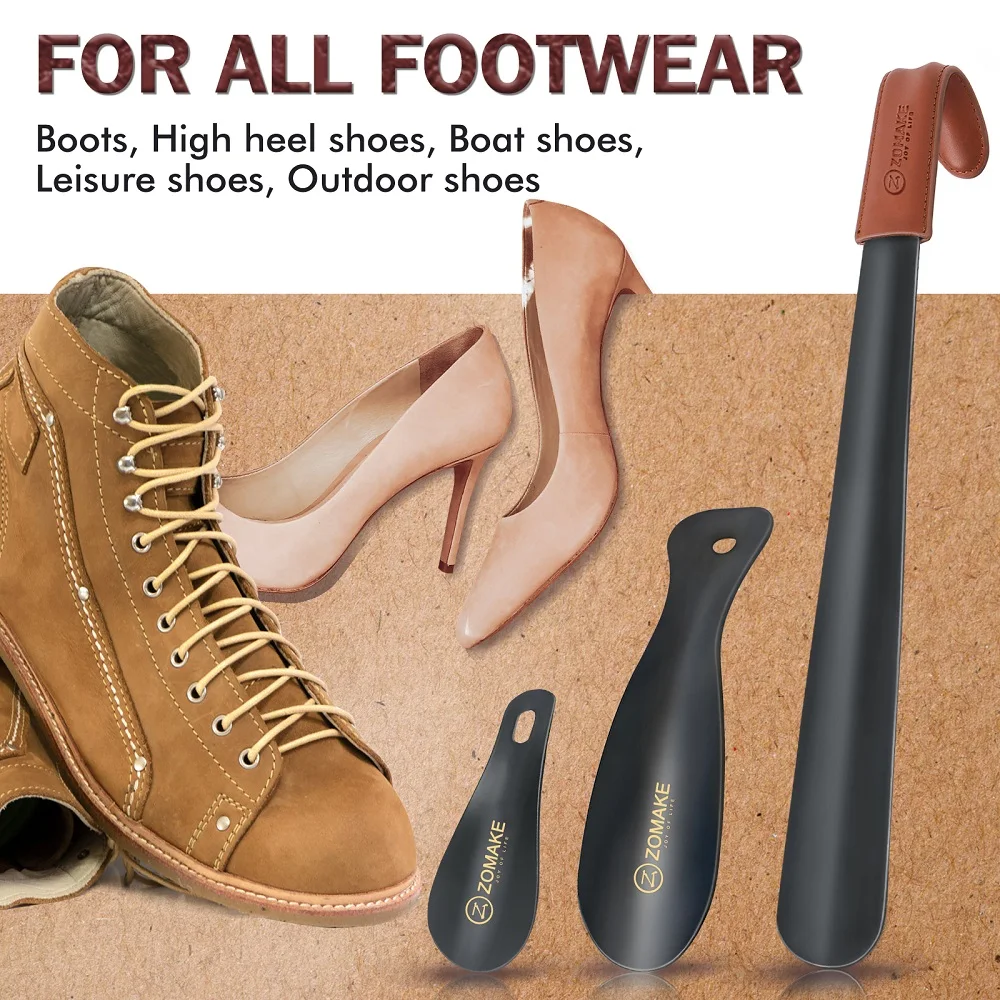 ZOMAKE 2pcs Metal Long Handle Shoe Horn for Seniors 16.5 Inch with Travel Shoe Horn Helper for Men Women-Kids Aid Accessories