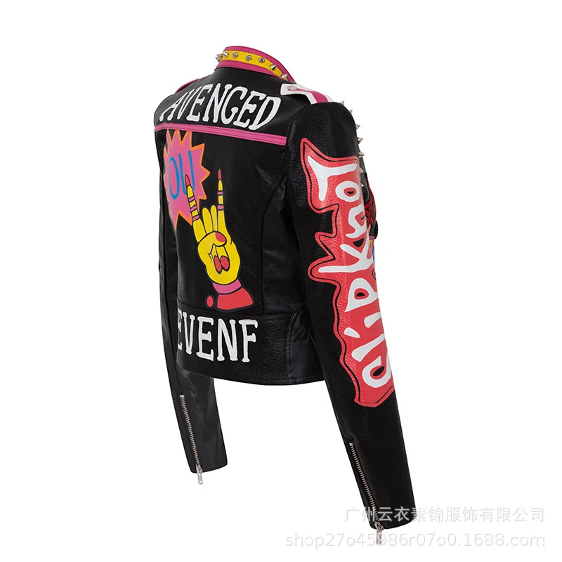 European And American Motorcycle Style Leather Coat, Women'S Graffiti Printing Heavy Industry Jacket, Fashion, Handsome, Persona