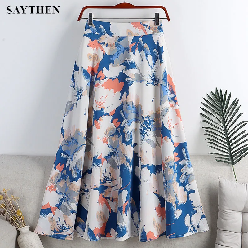 

SAYTHEN 2022 Summer New Chiffon Ink Landscape Print Mid-Length Large Swing A-Line Skirt Women YS224301