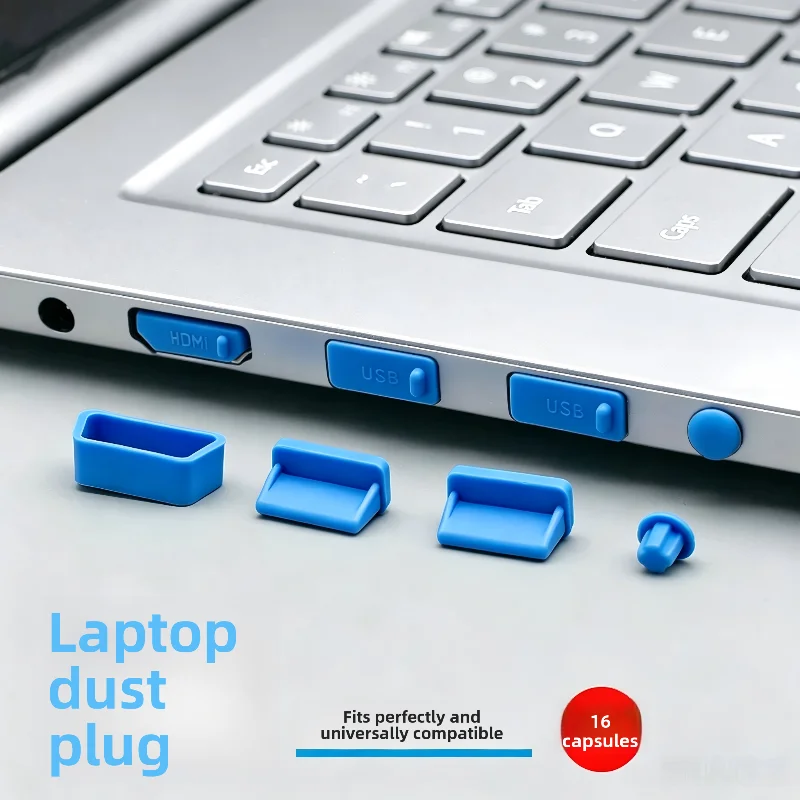 Фото Набор из 16 силиконовых заглушек для портов ноутбука (USB/HDMI/RJ45/аудио/SD), универсальные защитные колпачки от пыли №1
