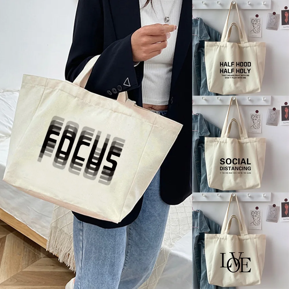 

Ladies Shopping Handbags Casual Canvas Large Capacity Foldable Text Printed Shoulder Bags Shopping organizer Tote Bags