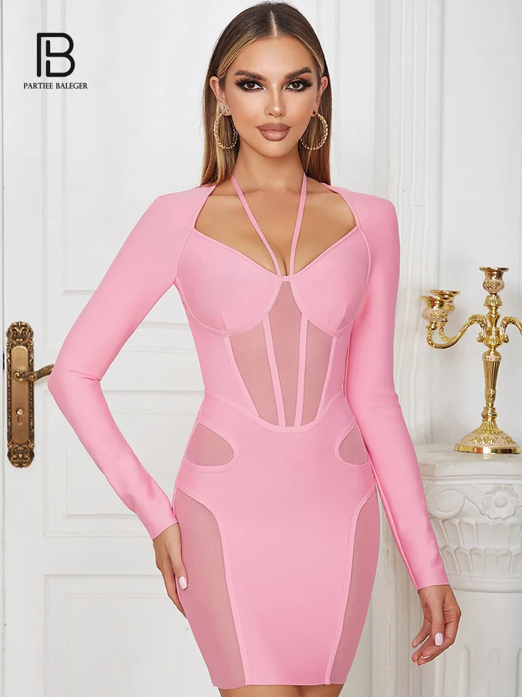 

Соблазнительные наряды PB для женщин, розовый галстук, веревочный стиль, сетчатый дизайн, бандаж с длинным рукавом, Элегантное коктейльное вечервечерние облегающее платье