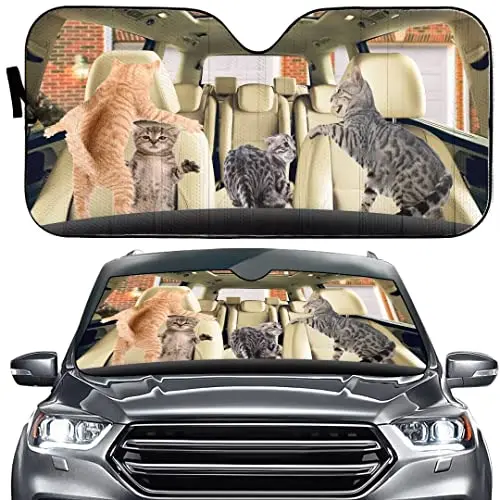 

Fighting Cats Windshield Sun Shade Funny Cat Printed Foldable Car Front Window Sunshades Sedans SUV Truck Visor Sunshade