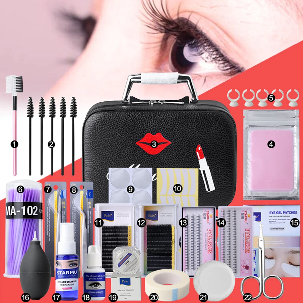 Eyelash Extension Kit 22PCS False Eyelash Grafting Training Tool Kit Eyelashes Extension Practice with Bag for Beginners