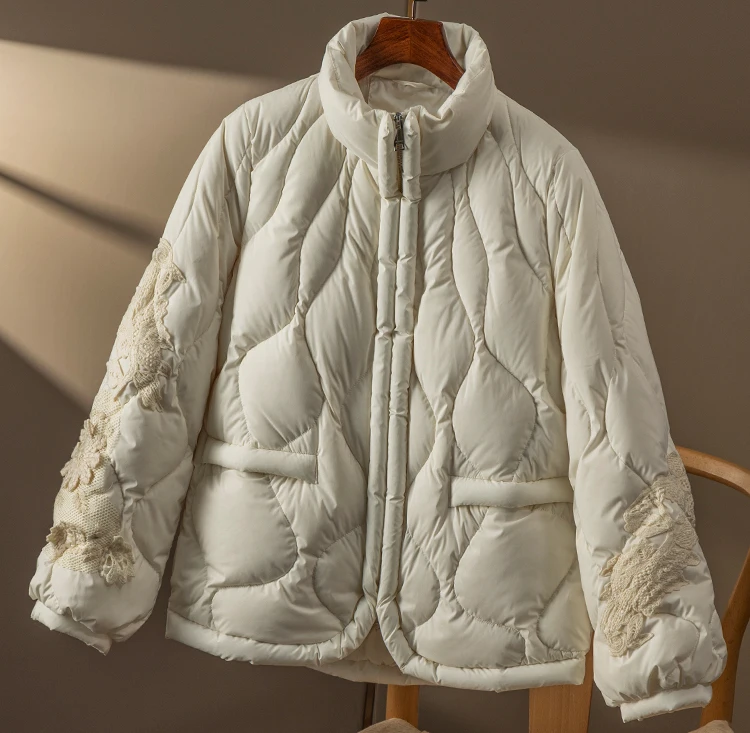 Design Appliques Down Jacket Women 90% White Goose Down Chinese Style Autumn/Winter  Wide-waisted Thin Zipper Coat Women