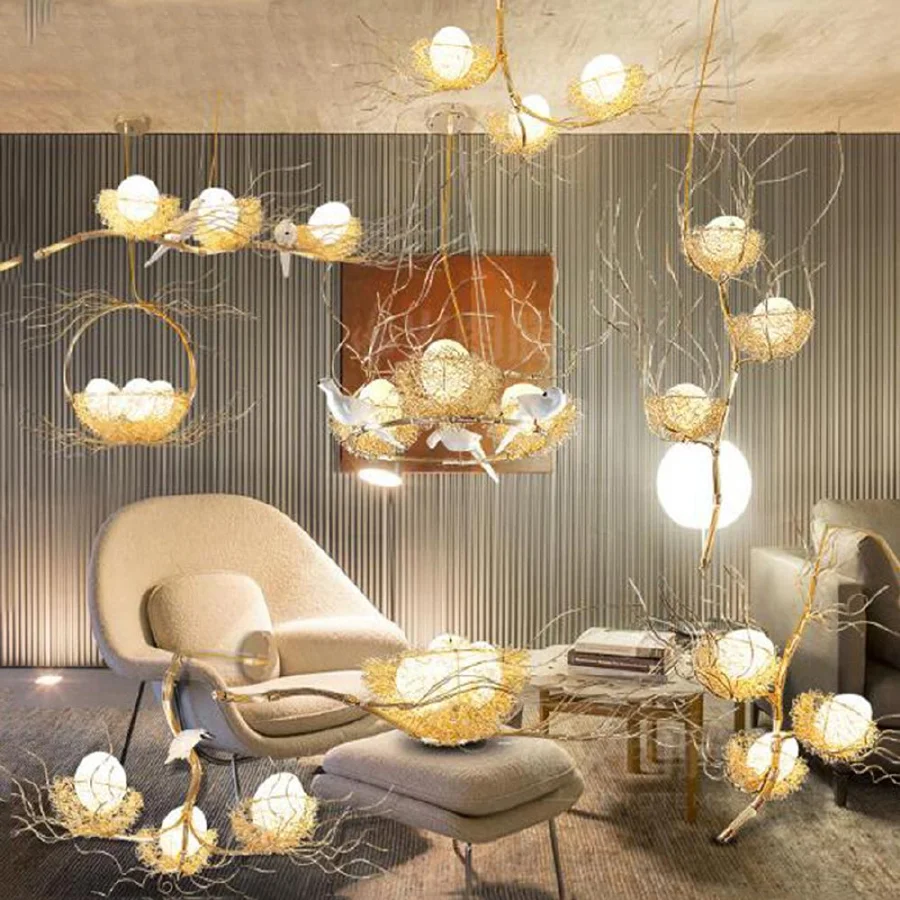 

Led Bird Nest Kids room chandelier Rose gold color Round Ring Chandelier Indoor home ceiling decor oriental lamp