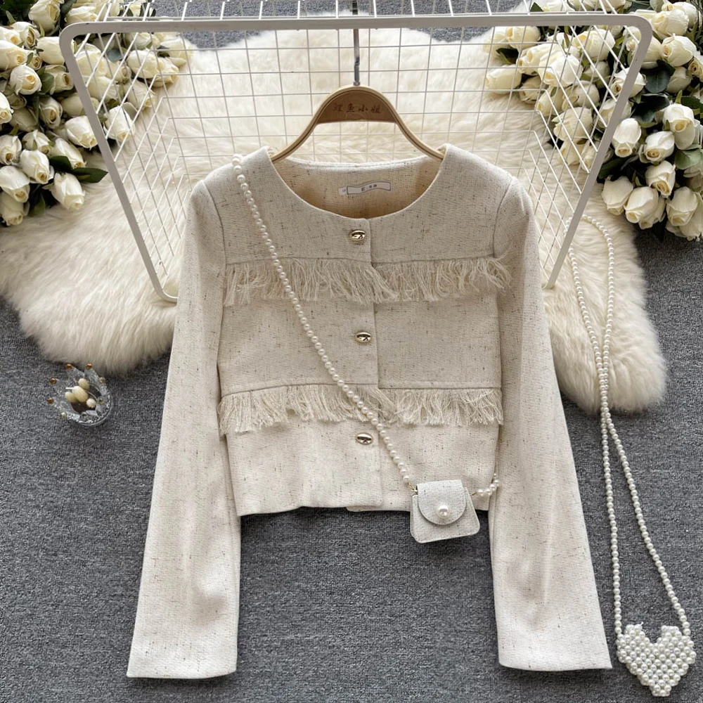 

Autumn Jacket for Women Straight Long Sleeve Tweed Single Breasted Female Short Tops with Tassel Elegant Round Neck Office Lady