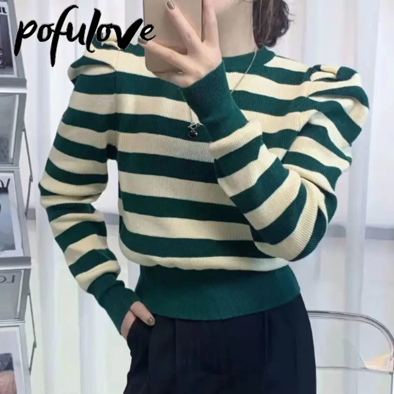 

Women's O-Neck Sweater Chic Design Sense of Minority Bubble Sleeve Striped Knitwear Korean Fashion Slim Autumn and Winter Top