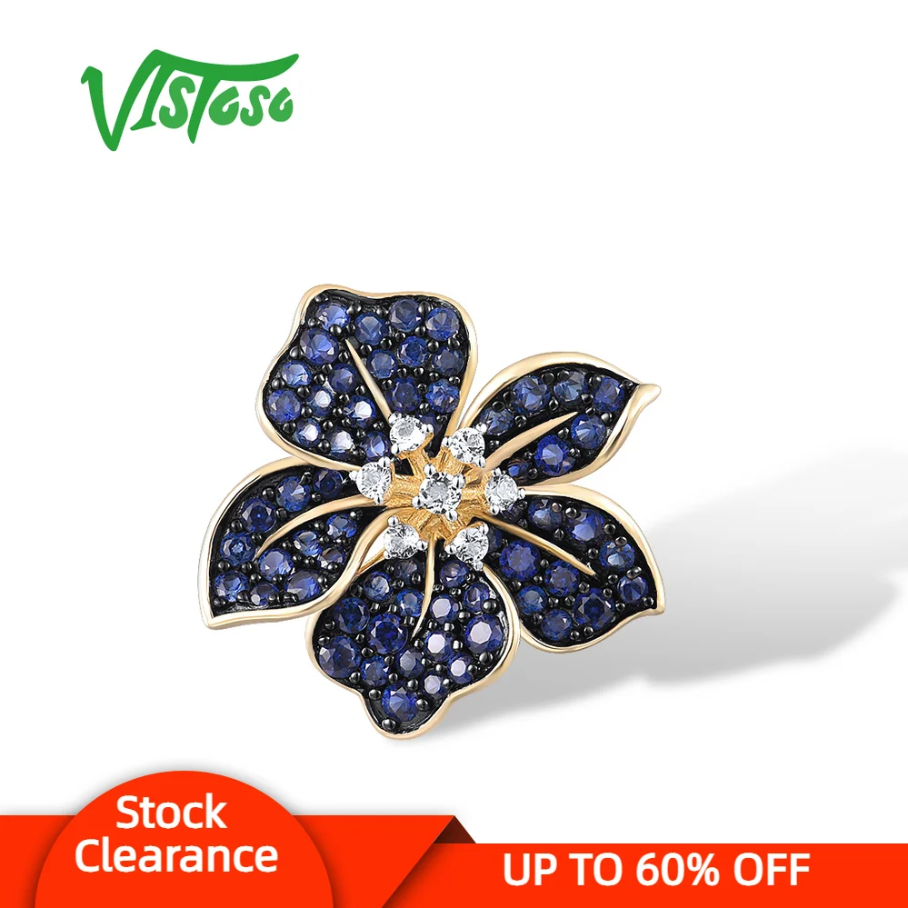 VISTOSO 9K 375 Yellow Gold Pendant For Women Lab Created Sapphire White Topaz Blue Lily Flower Pendant Delicate Fine Jewelry