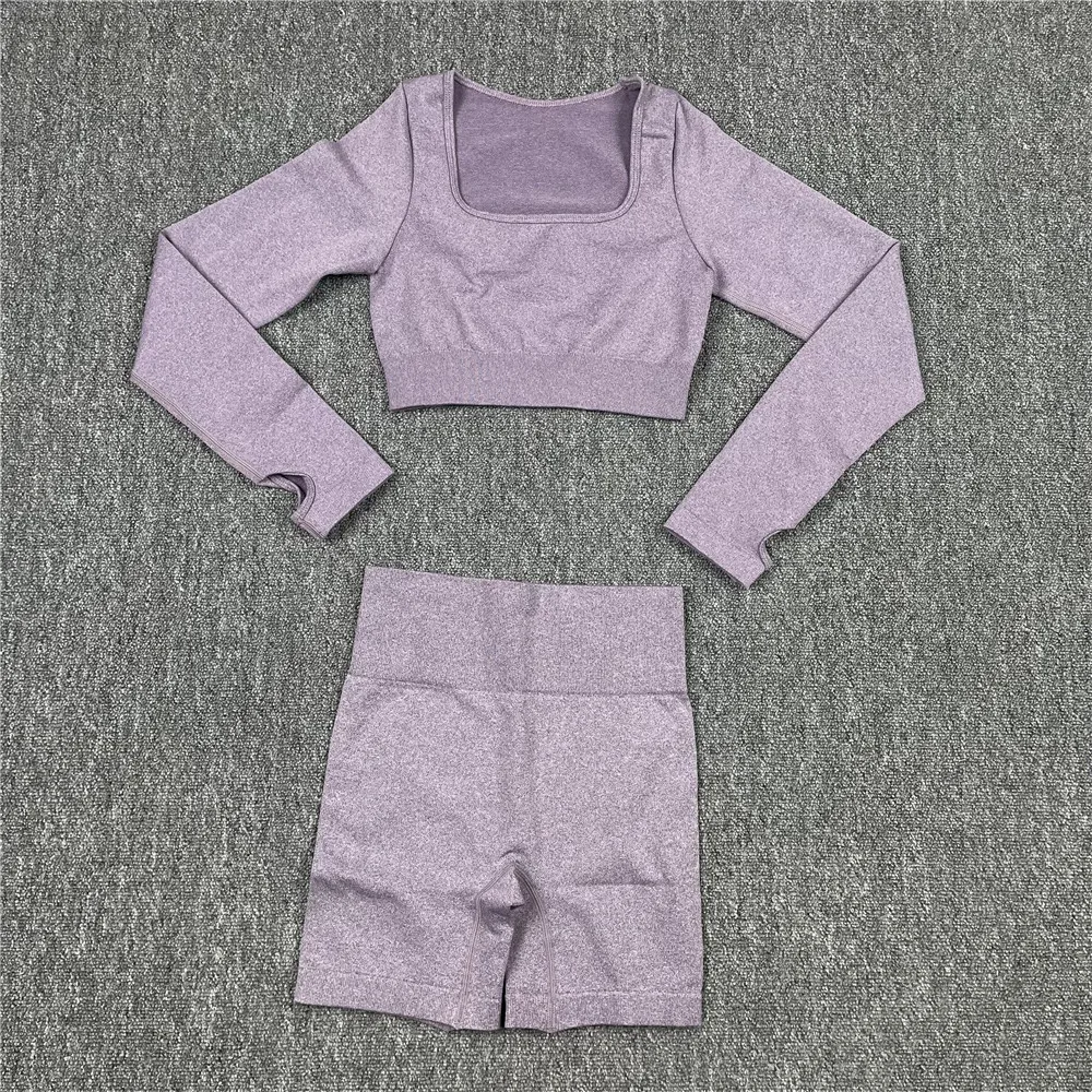 

Women's Yoga Set Workout Clothes Athletic Wear Sports Gym Legging Seamless Fitness Shorts Crop Top Long Sleeve Yoga Suit