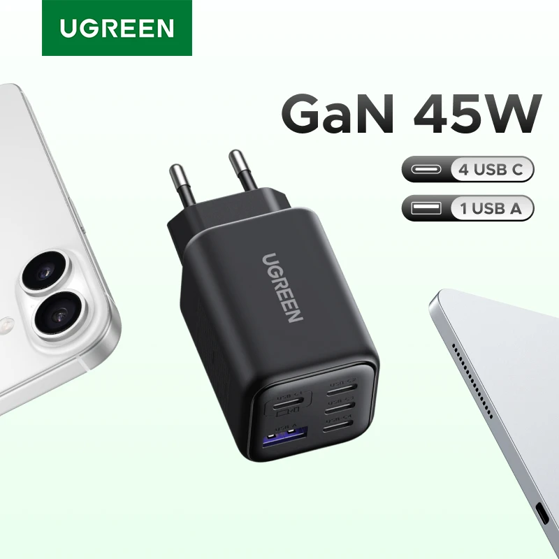 Фото Зарядное устройство UGREEN 45W GaN PD 3.0 UFSC PPS с 5 портами для iPhone 17 16 15 Pro Max, Samsung S25, Xiaomi, планшетов, iPad Air, быстрое зарядное устройство USB-C №1