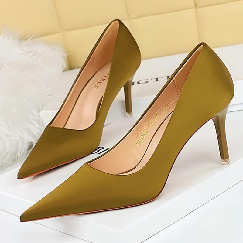 

Женские туфли-лодочки на высоком каблуке 7,5 см, 10,5 см, женская модель 34-43, свадебная обувь на среднем и низком каблуке, офисная обувь для выпускного, Зеленая Шелковая атласная обувь
