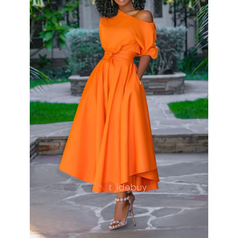 

Summer Women's Off Shoulder Lace Up Waist Mid length Dress