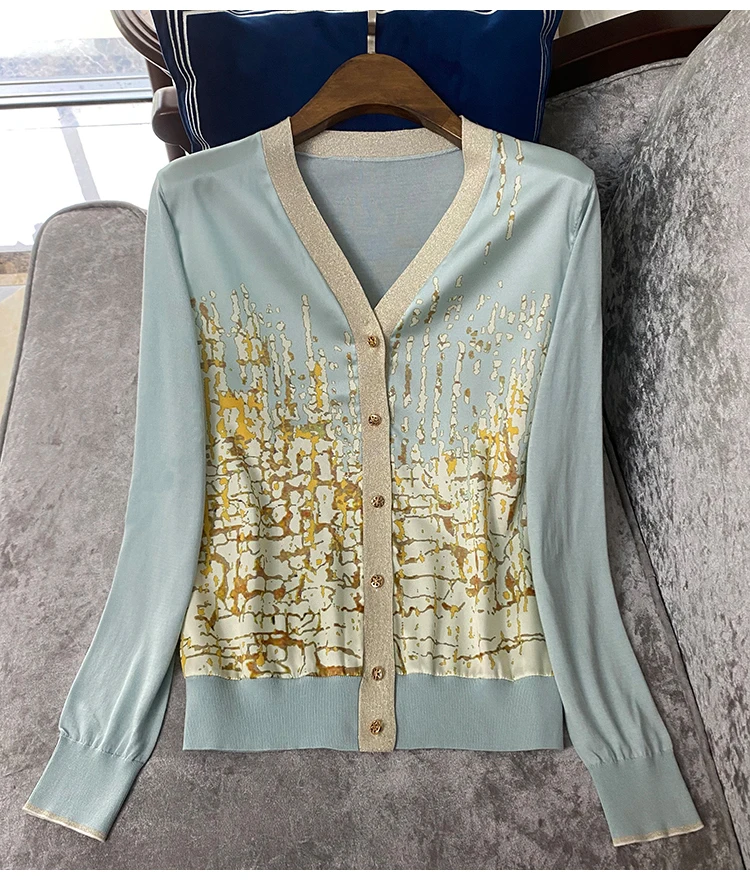 Женский вязаный кардиган с принтом винтажный свитер длинным рукавом в