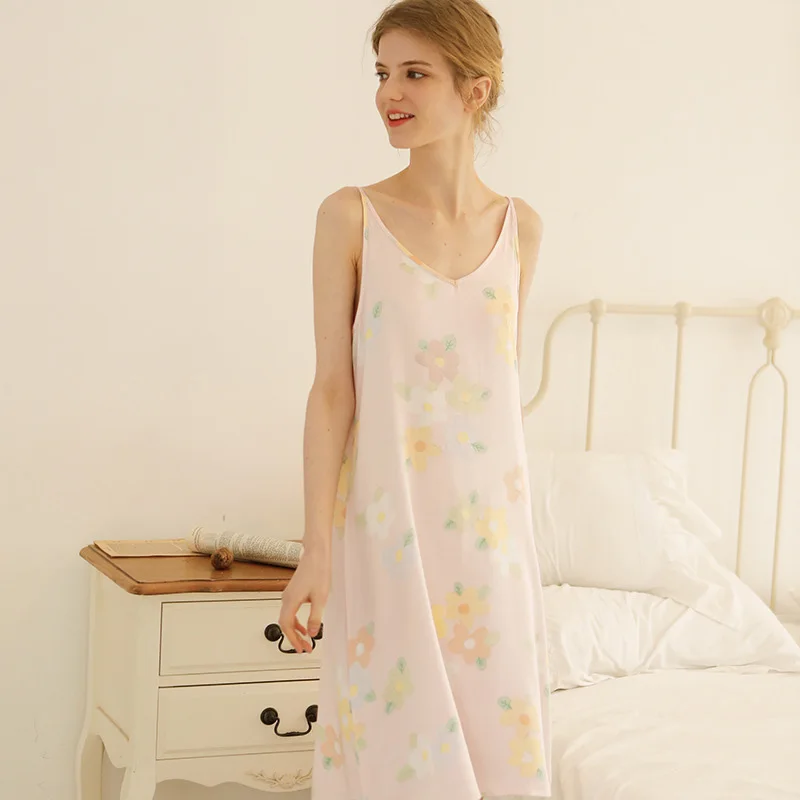 Underwear Nightgown Sexy Suspender Dress Women's Satin Oil Painting Garden Mid-length Home Pajamas Lingerie Cute Girl Nightdress