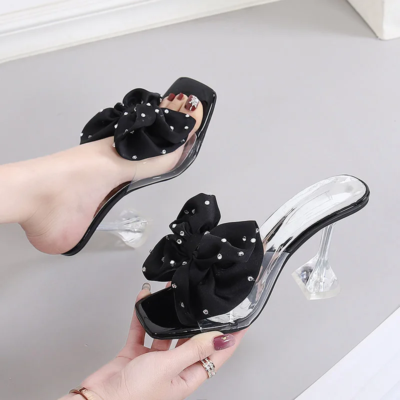 

New Women High Heels Fashion Bow Rhinestone Stiletto Sandals Simple Sexy Open Toe Crystal Heel High Heels Scarpan Salto Baixo