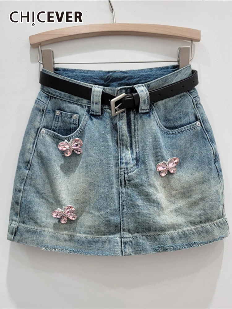 

CHICEVER Spliced Diamonds Denim Skirts For Women High Waist Patchwork Pockets Solid A Line Bodycon Slim Mini Skirt Female Summer