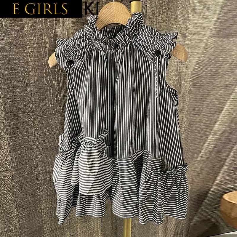 

E GIRLS Vintage Ruffled Collar Sleeveless Casual Shirts for Women Loose Summer 2023 New All Match Blouse Korean Style Chic Blusa