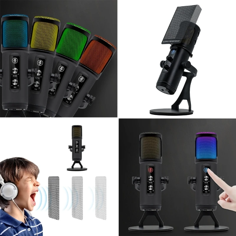 

USB Microphone RGB Lighting Metal Microphone Construction Cardioid RGB Microphone High Sound Quality for Recording and Streaming